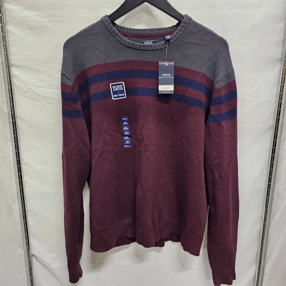 Izod Men's‎ Burgundy Navy & Gray Striped Knit Stretch Cotton Sweater 2XL NWT